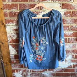 Solitaire Romantic Floral Embroidered Flowy Western Boho Blouse Women’s Size XL